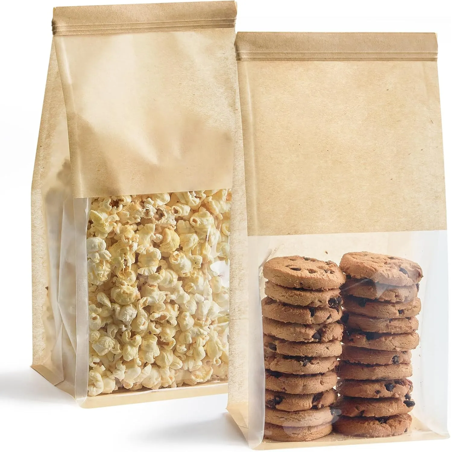 50 Pack Bakery Bags with Window, 5.1 x 3.9 x 11 Inches Kraft Paper Cookie Bags Tin Tie Tab Lock Treat Bags for Packaging Breads, Pastry, Donuts, Popcorns, Granola and Snacks