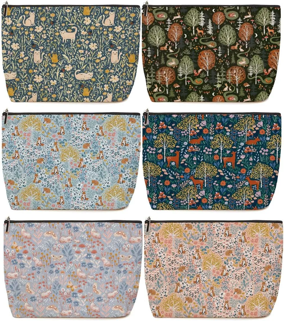 6 Pieces Makeup Bag Forest Fox Garden Cat Deer Rabbit Floral Aesthetics Skincare Bag Travel Toiletry Bag Makeup Pouch Cosmetic Bag Thank You Friendship Gifts for Women Mom Friends Bestie Coworker Aunt