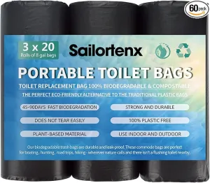 60 Count 8 Gallon Biodegradable Compostable Portable Toilet Bags, 100% Plant-Based, No Leaks, Disposable, Perfect for Camping, Hiking, Boating, Hunting
