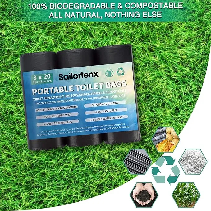 60 Count 8 Gallon Biodegradable Compostable Portable Toilet Bags, 100% Plant-Based, No Leaks, Disposable, Perfect for Camping, Hiking, Boating, Hunting