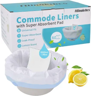 60 Pack Commode Liners with Absorbent Pads(Lemon Scent),Bedside Commode Liners Disposable for Portable Toilet,Adult Commode Chair Bucket & Porta Potty,Camping Toilet Bags