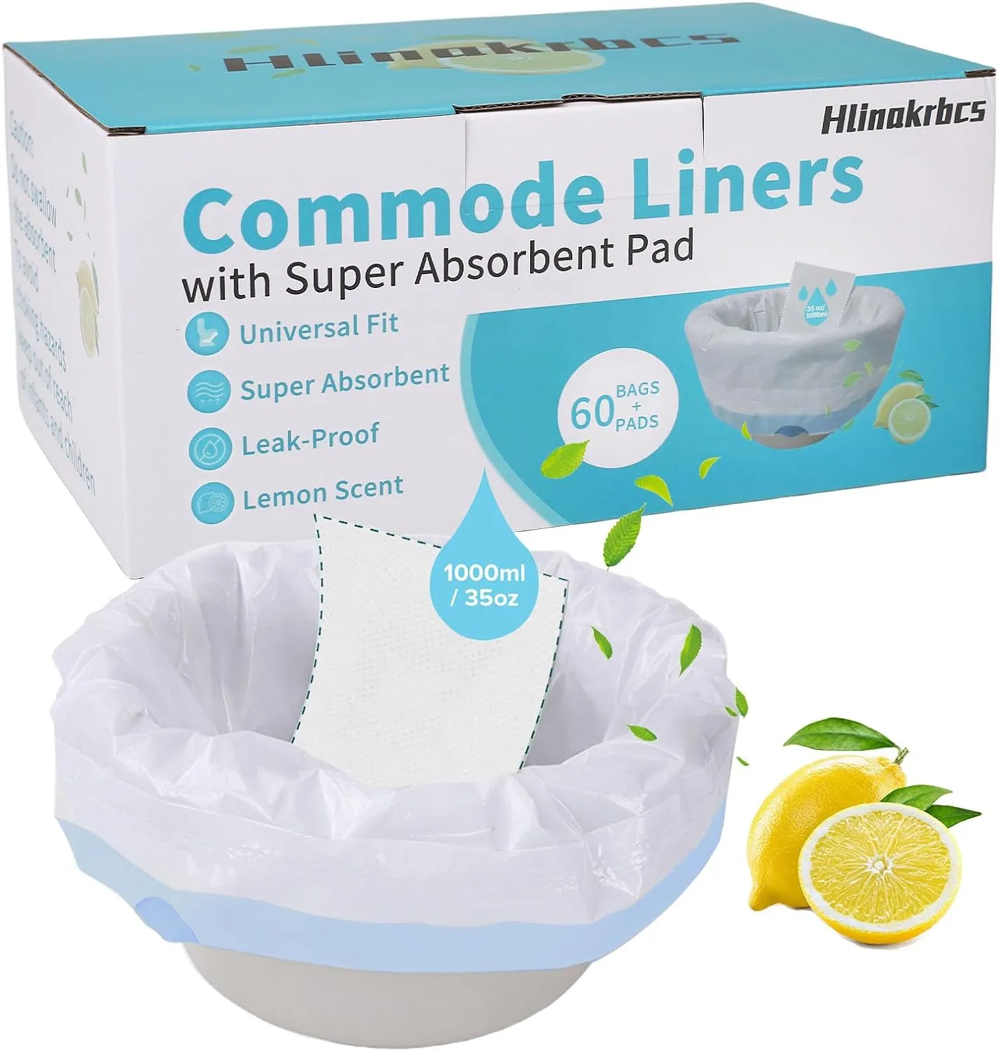 60 Pack Commode Liners with Absorbent Pads(Lemon Scent),Bedside Commode Liners Disposable for Portable Toilet,Adult Commode Chair Bucket & Porta Potty,Camping Toilet Bags