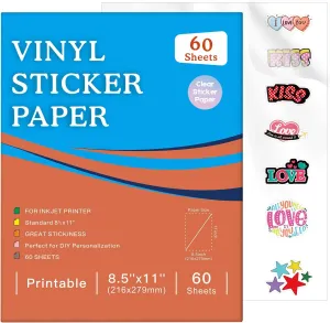 60 Sheets Premium Printable Clear Vinyl Sticker Paper for Inkjet Printer, 8.5x11" Transparently Vinyl Sticker Paper Waterproof, Dries Quickly, Vivid Colors, Tear Resistant, Great for Cutting Machines