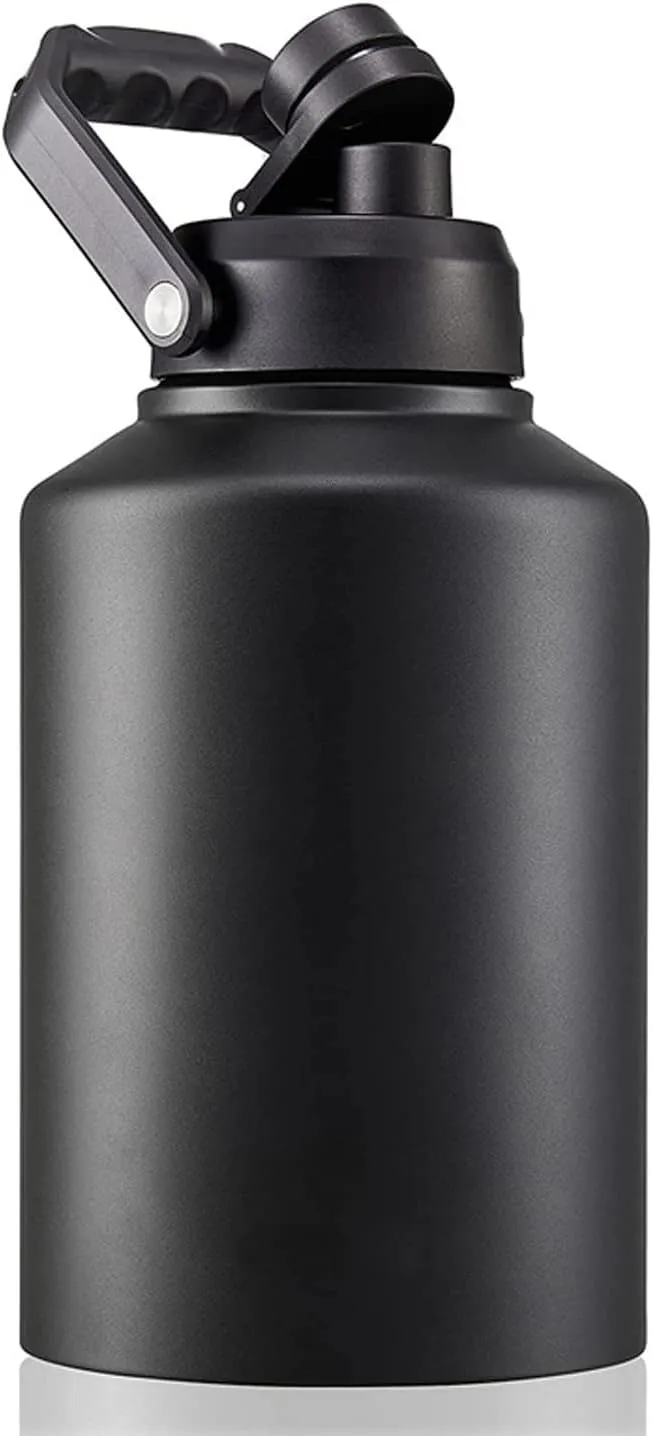 64oz 128oz Wide Mouth Insulated Vacuum Water Bottle Jug With Handle, Gallon Stainless Steel Ice Bucket Travel Mug Large Sports Canteen (128oz,black)