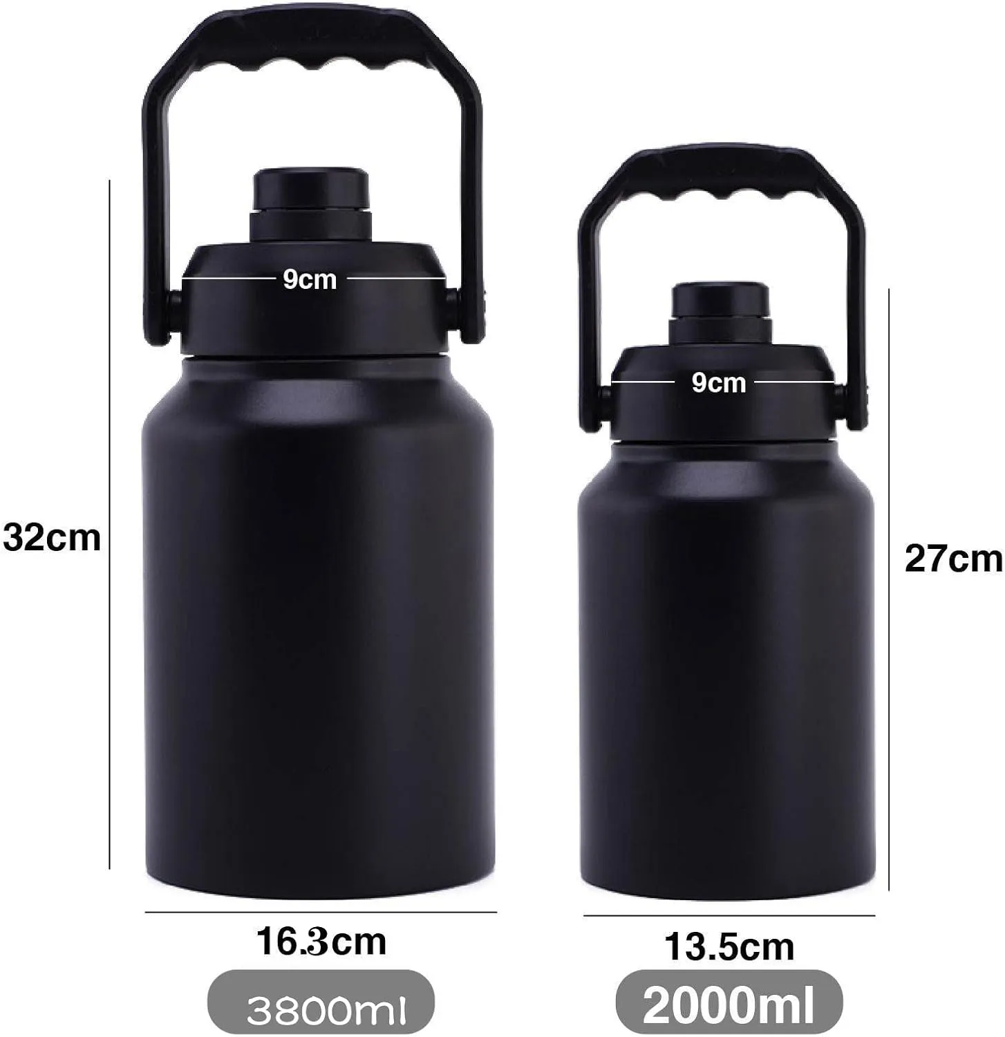 64oz 128oz Wide Mouth Insulated Vacuum Water Bottle Jug With Handle, Gallon Stainless Steel Ice Bucket Travel Mug Large Sports Canteen (128oz,black)