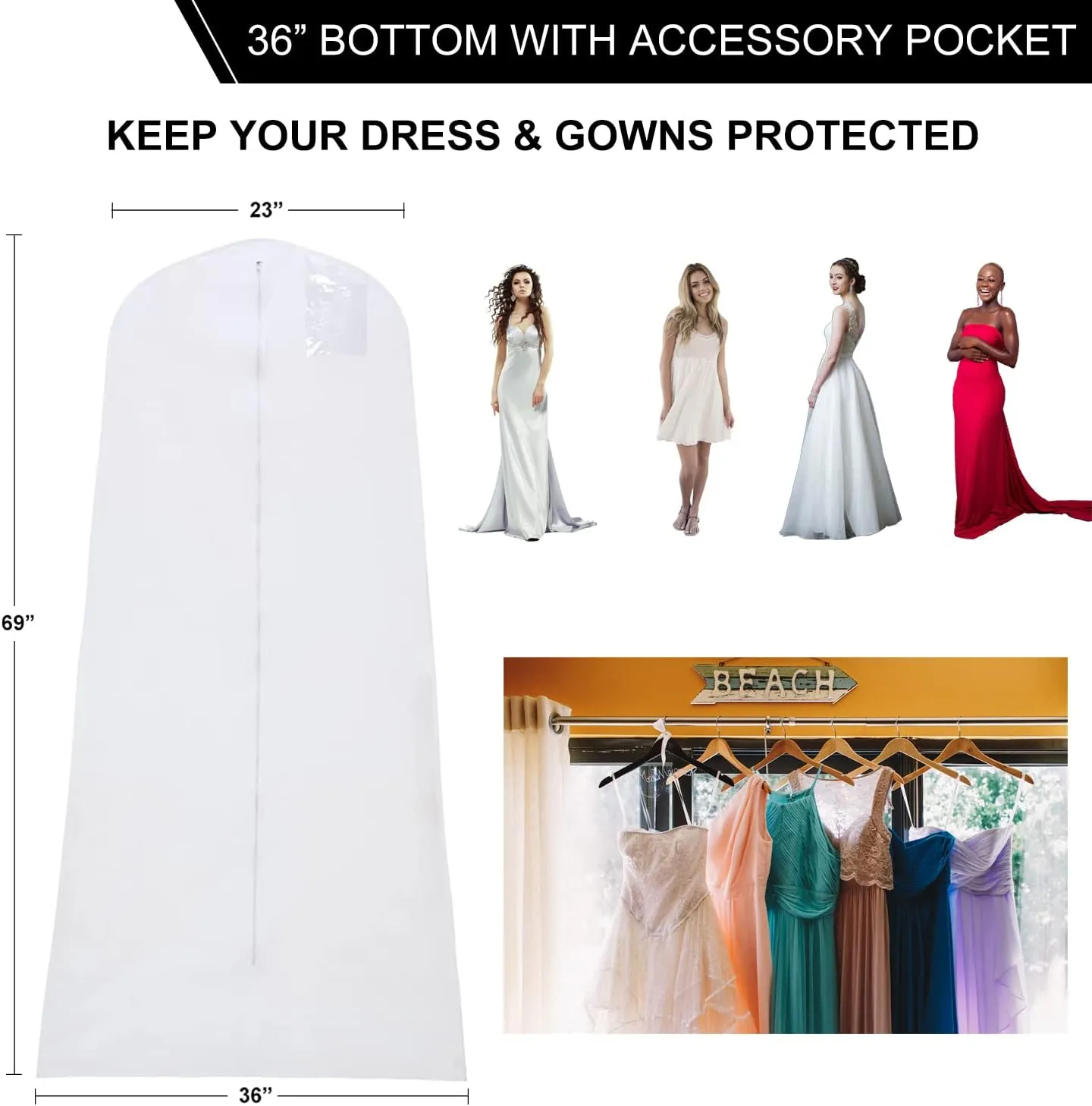 69" Garment Bag with 36" Bottom, Bell Shaped with Accessories Pocket for Wedding Long Dress Gown Fur Coat Closet Storage Uniform Costume Suits Cover (White) (1 Pack)