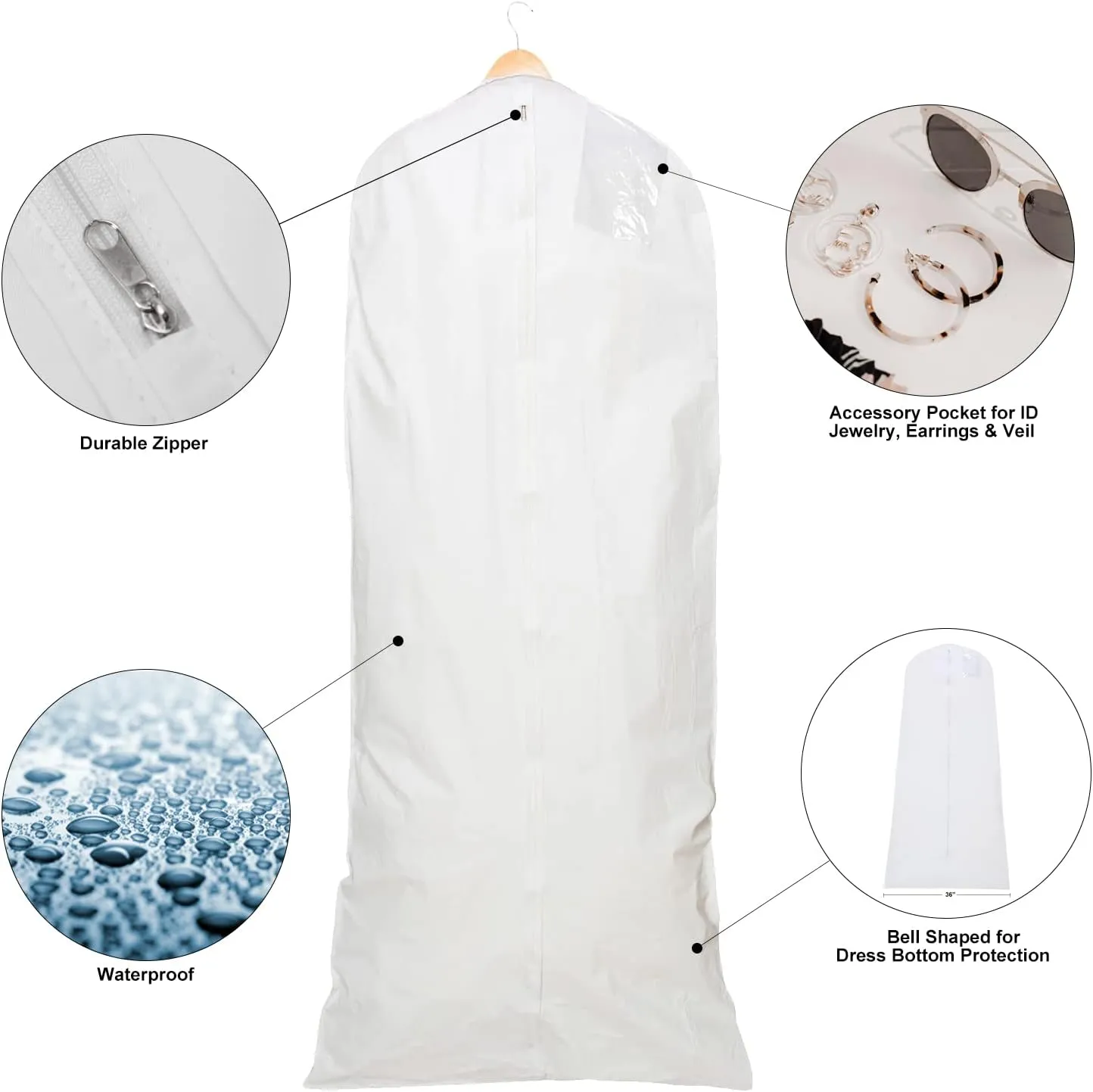69" Garment Bag with 36" Bottom, Bell Shaped with Accessories Pocket for Wedding Long Dress Gown Fur Coat Closet Storage Uniform Costume Suits Cover (White) (1 Pack)