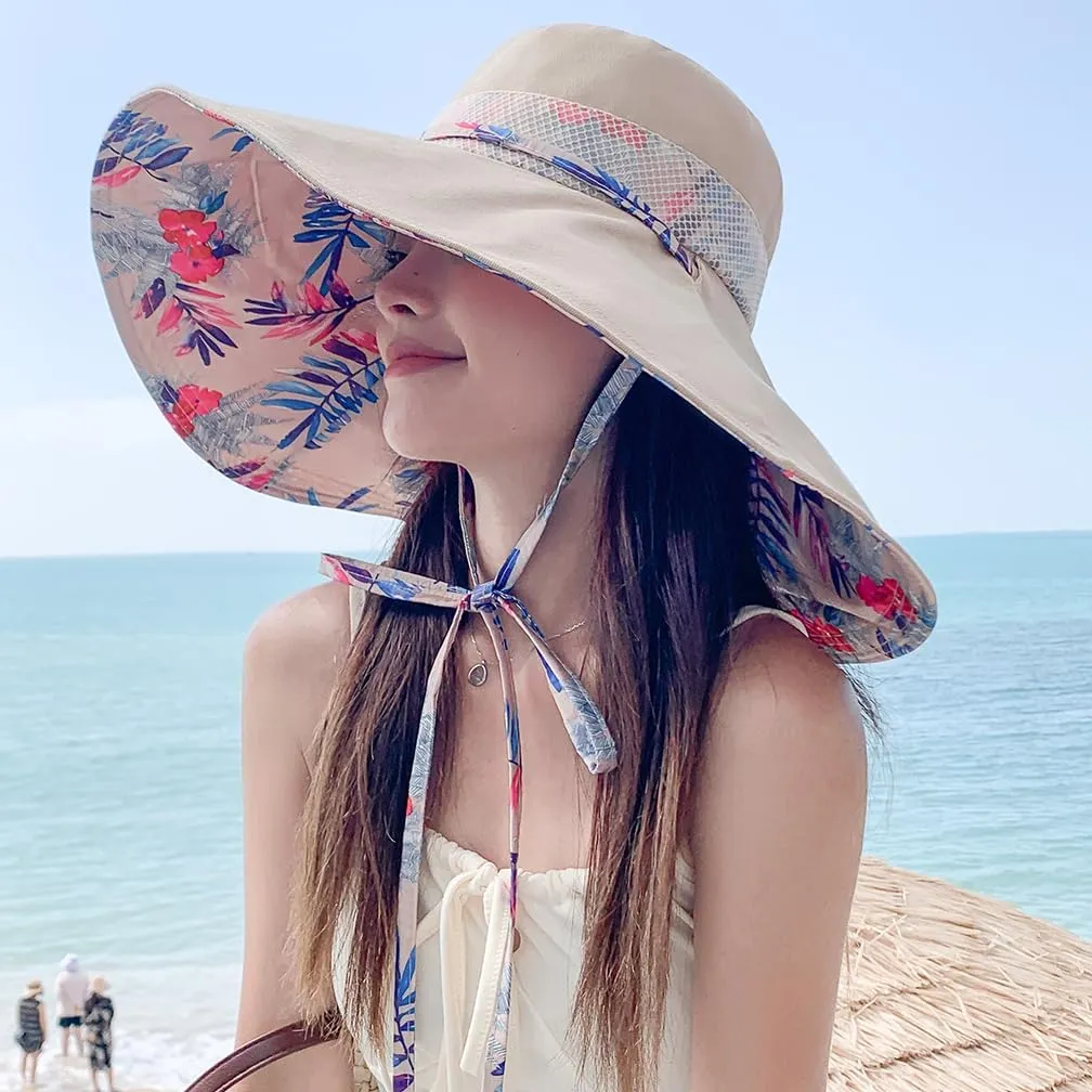 6" Extra Wide Brim Sun Hats UPF 50  UV Protection Packable Beach Hat Strap Women