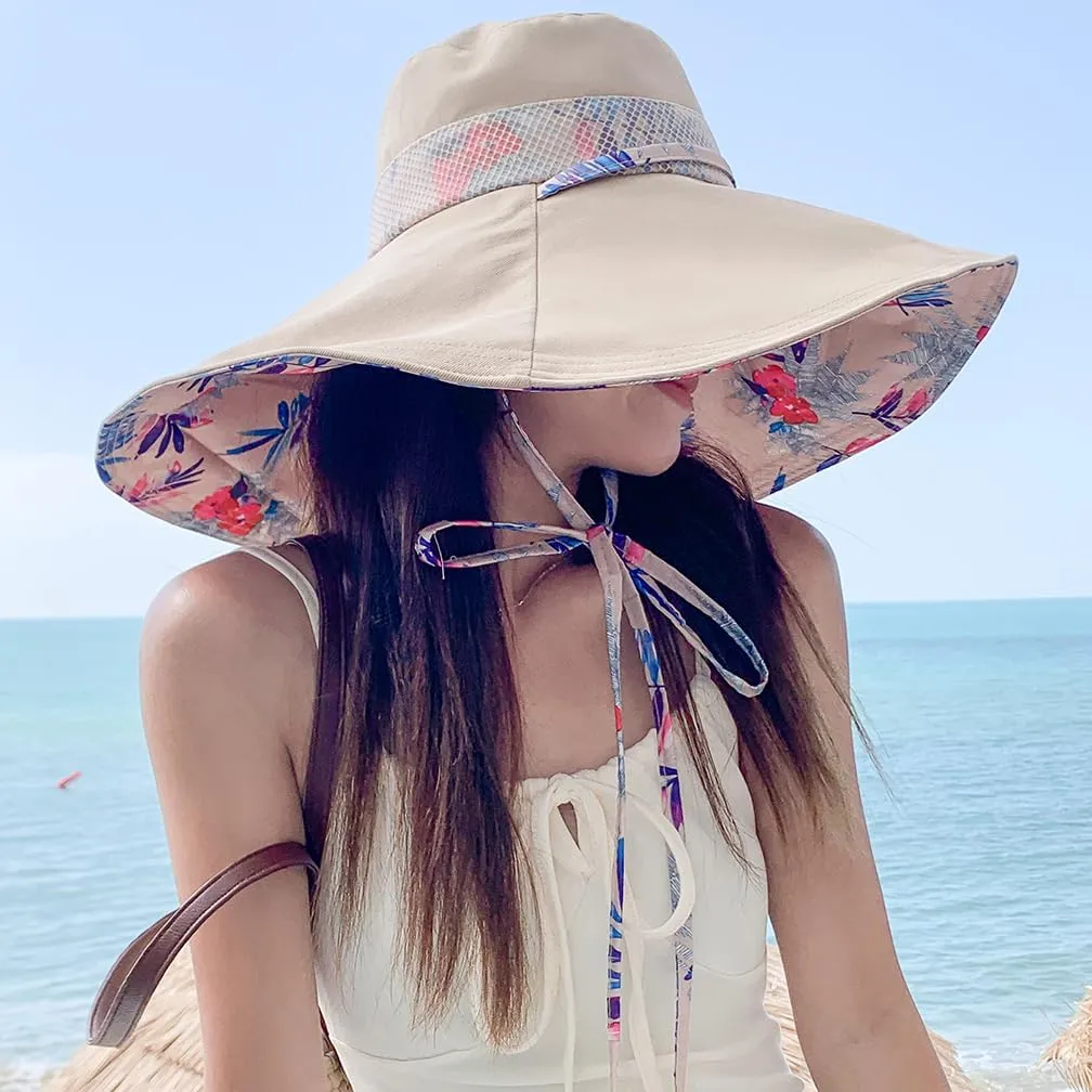 6" Extra Wide Brim Sun Hats UPF 50  UV Protection Packable Beach Hat Strap Women