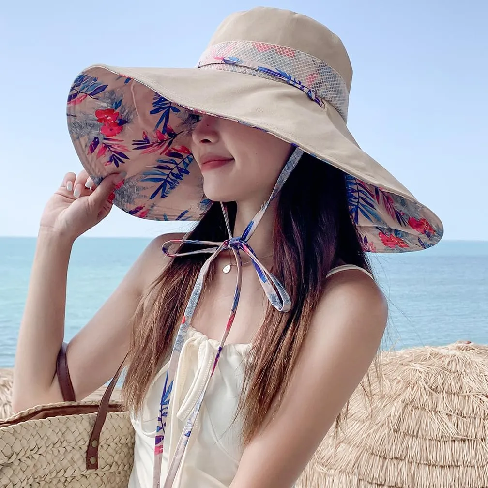 6" Extra Wide Brim Sun Hats UPF 50  UV Protection Packable Beach Hat Strap Women