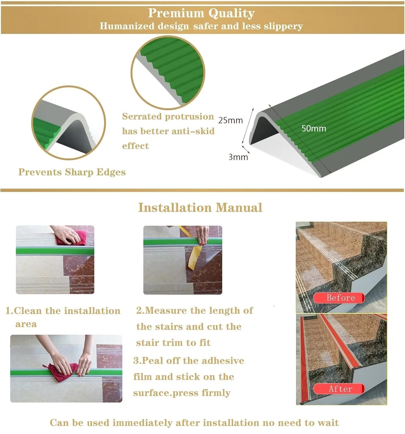 72 Inch L-Shaped Vinyl Rubber Non-Slip Self-Adhesive Stair Edge Protector, Step Edge Trim Strips for Indoor & Outdoor - Guaranteed Quality