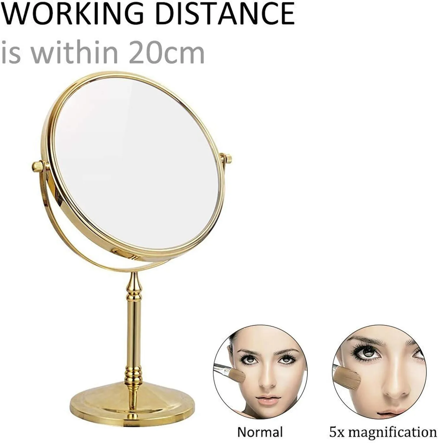 8 Inch Brass Makeup Mirrors, Double Sided Standing Vanity Mirror, 1X and 3X/5X/7X/10X Magnifying, 360° Rotation Countertop Cosmetic Mirrors (Gold 5X)