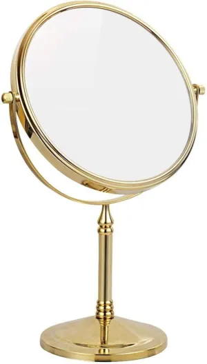 8 Inch Brass Makeup Mirrors, Double Sided Standing Vanity Mirror, 1X and 3X/5X/7X/10X Magnifying, 360° Rotation Countertop Cosmetic Mirrors (Gold 5X)