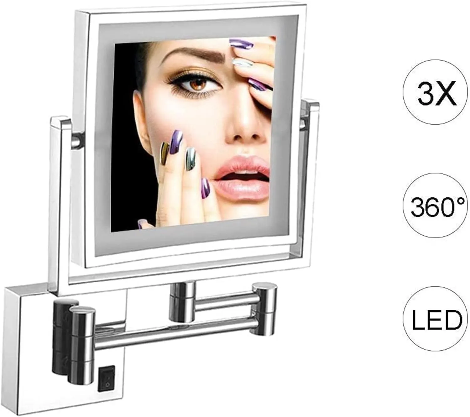 8 Inch Double Sided Swivel Vanity Mirror, with 3X Magnification, Makeup Mirror Wall Mount with Lights and Magnification