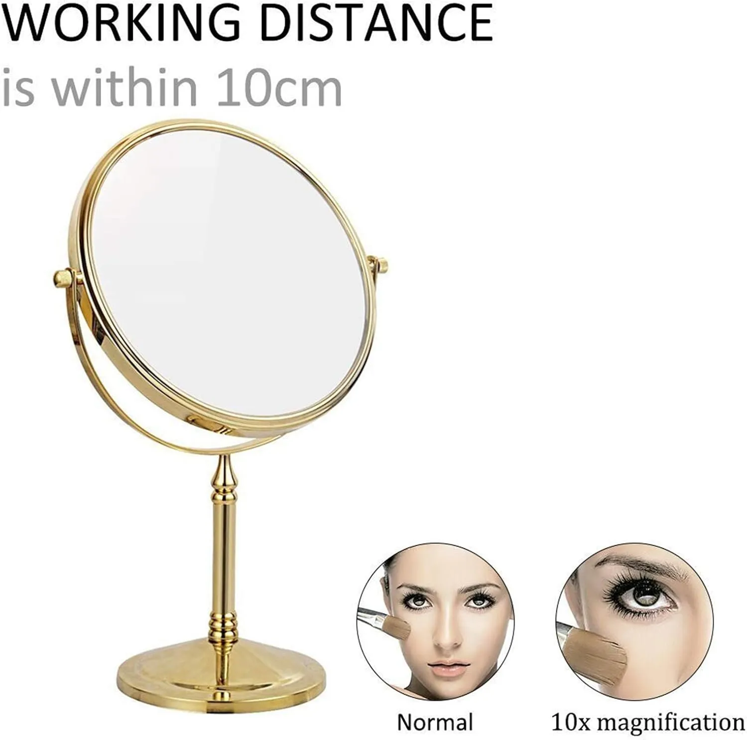 8 Inch Gold Double Sided Brass Magnifying Makeup Mirror - 360° Rotation Tabletop Vanity Mirror for Cosmetics and Shaving Cosmetic Mirror(10x)