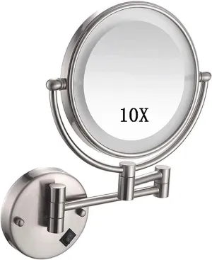 8-Inch Wall Mount Makeup Mirror, 10x Magnification Cosmetic Mirror with Lights led, Double Sided Mirror Bathroom Mirror 360 Rotation, for Makeup, Shaving, Facial Care