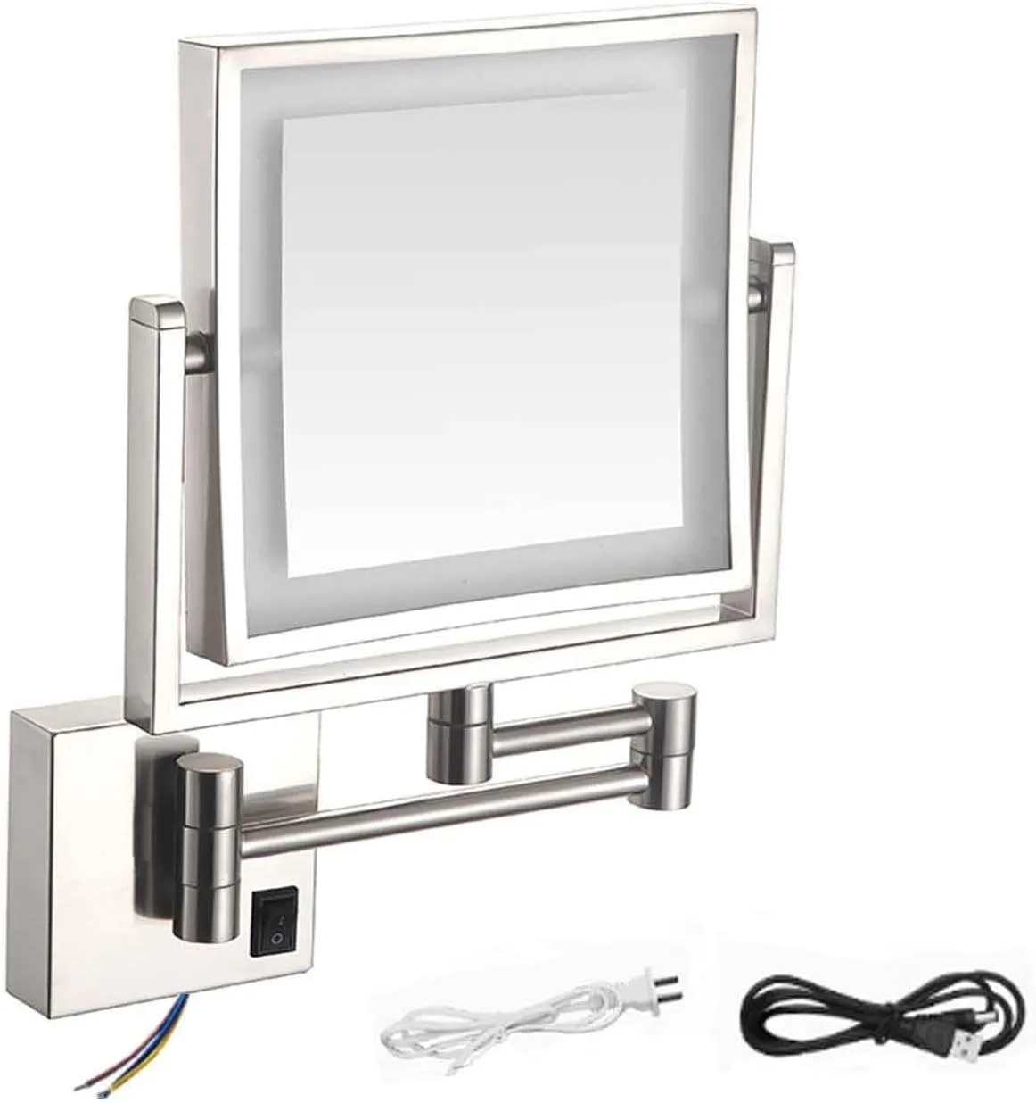 8 Inch Wall Mounted Square LED Lighted Makeup Vanity Mirror ，Dual Sided HD 1X/3X Magnifying Shaving Mirror 360° Swivel Foldable Brass Cosmetic Mirror Black Hardwired(Nickel,USB)