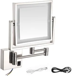 8 Inch Wall Mounted Square LED Lighted Makeup Vanity Mirror ，Dual Sided HD 1X/3X Magnifying Shaving Mirror 360° Swivel Foldable Brass Cosmetic Mirror Black Hardwired(Nickel,USB)