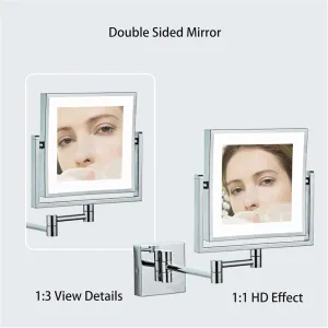 8 Inch Wall-Mounted Square LED Lighted Makeup Vanity Mirror with Base Touch Dimmable Dual-Sided HD 1X/3X Magnifying Shaving Mirror 360° SwivelZirconium USB(Antique,Plug)