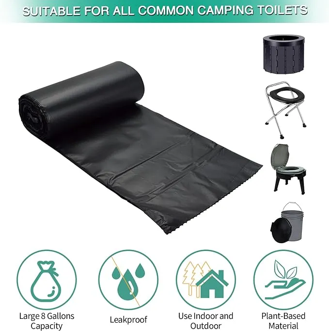 80/60/20 Portable Camping Toilet Bags 100% Compostable 8 Gallon Use with 5 Gallon Bucket Toilet, Camp Toilet Waste Bags, Disposable Biodegradable Poop Bags for Outdoor Camping