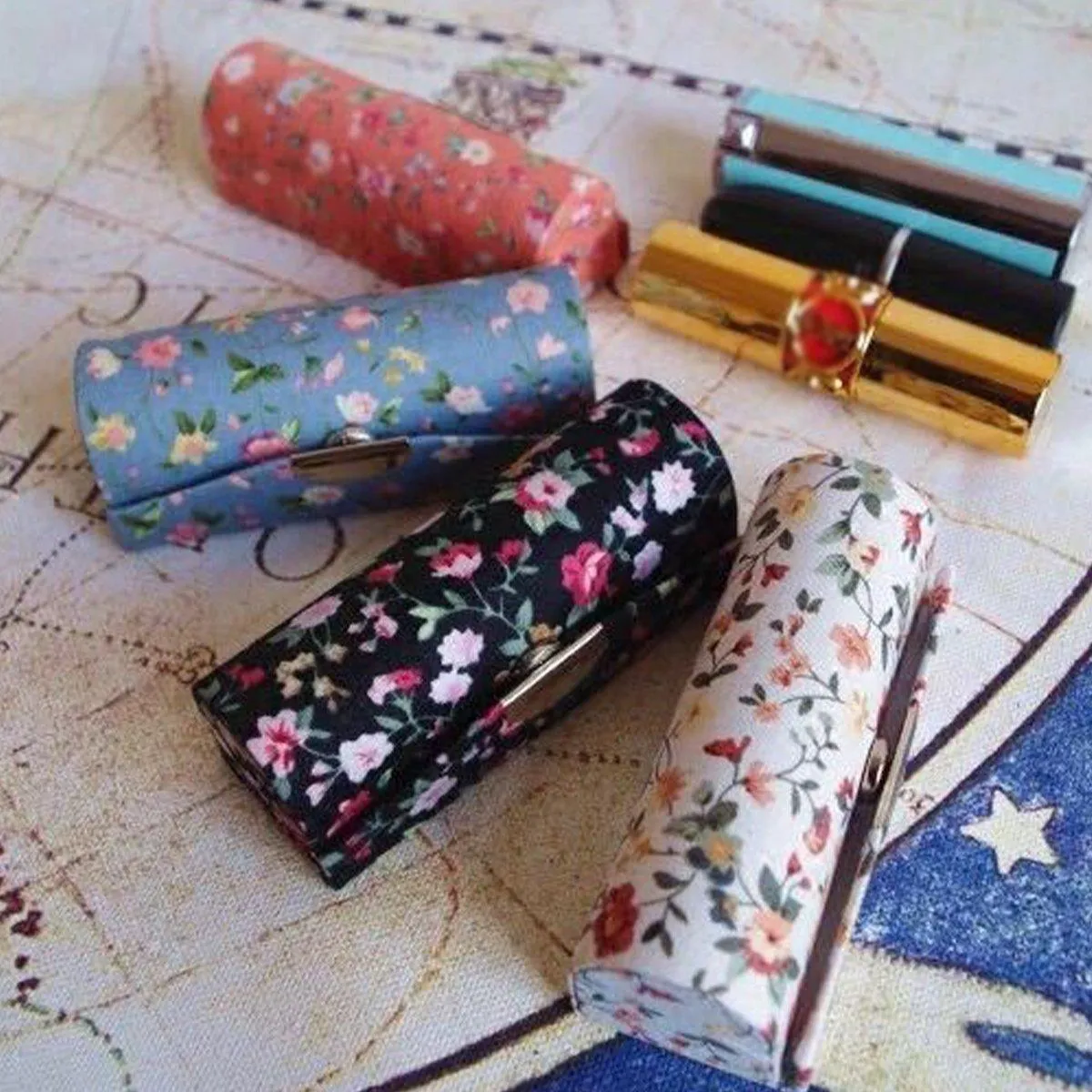 8PCS Set Vintage Flower Cloth Lipstick Box Mirror Packaging Portable Gift Case