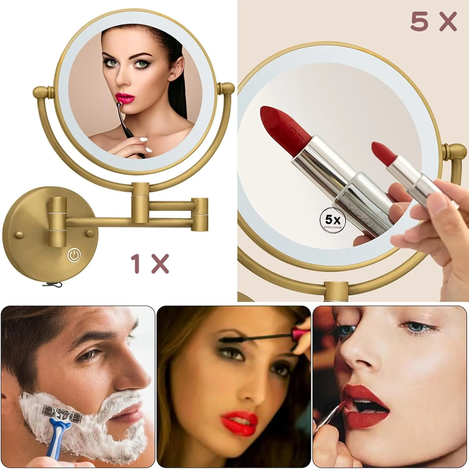 8" Wall Mounted Makeup Mirror with Lights and Magnification,1X and 5X Magnifying Extending Shaving Mirror, No Pre-Installed Wire and USB Rechargeable, Antique Brass Indoor Arts Ware