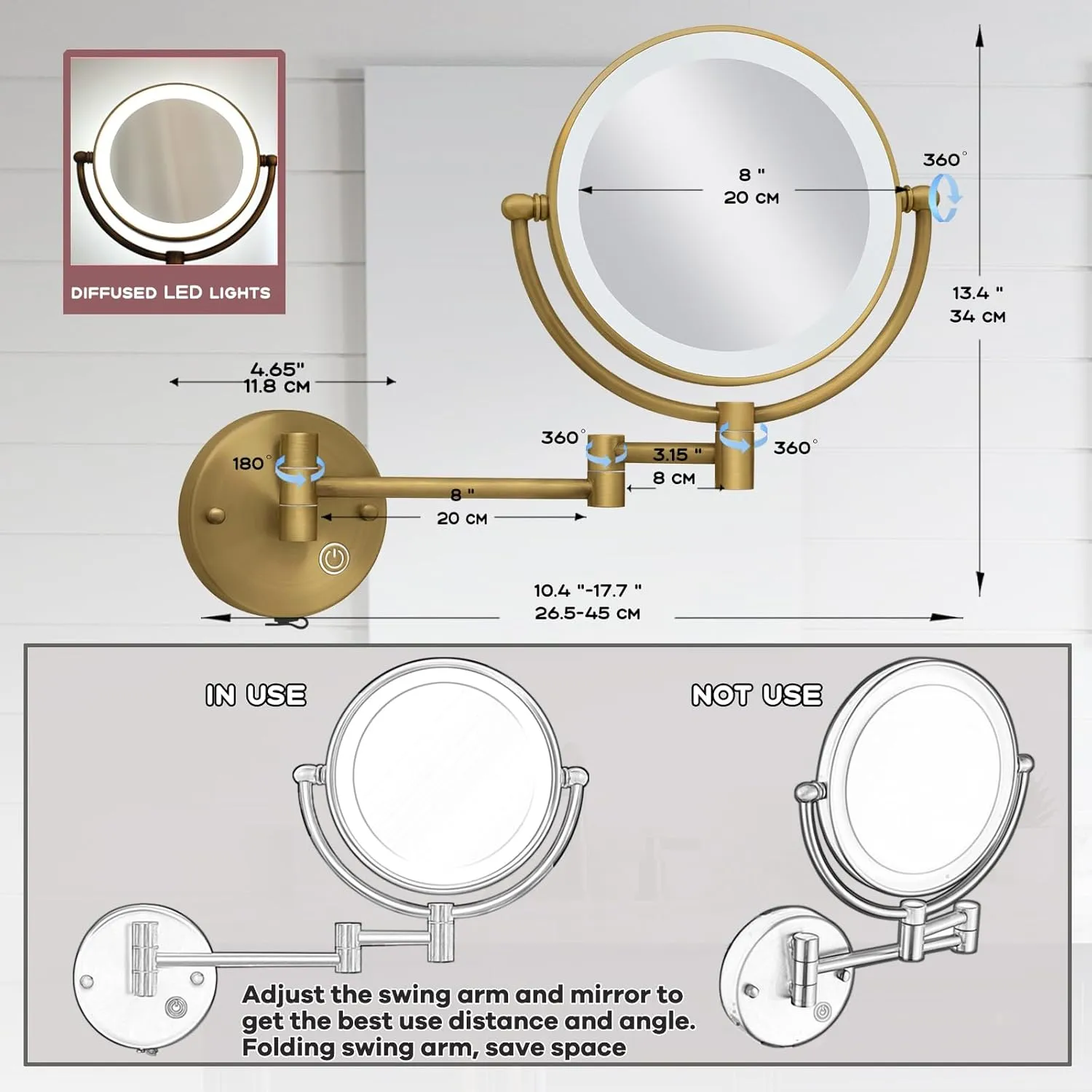 8" Wall Mounted Makeup Mirror with Lights and Magnification,1X and 5X Magnifying Extending Shaving Mirror, No Pre-Installed Wire and USB Rechargeable, Antique Brass Indoor Arts Ware