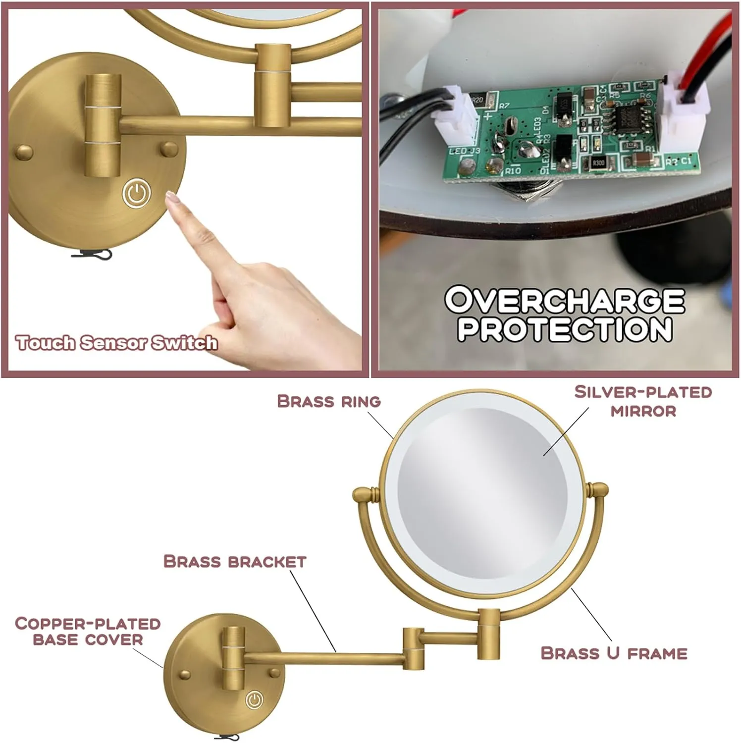 8" Wall Mounted Makeup Mirror with Lights and Magnification,1X and 5X Magnifying Extending Shaving Mirror, No Pre-Installed Wire and USB Rechargeable, Antique Brass Indoor Arts Ware