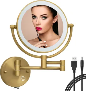 8" Wall Mounted Makeup Mirror with Lights and Magnification,1X and 5X Magnifying Extending Shaving Mirror, No Pre-Installed Wire and USB Rechargeable, Antique Brass Indoor Arts Ware