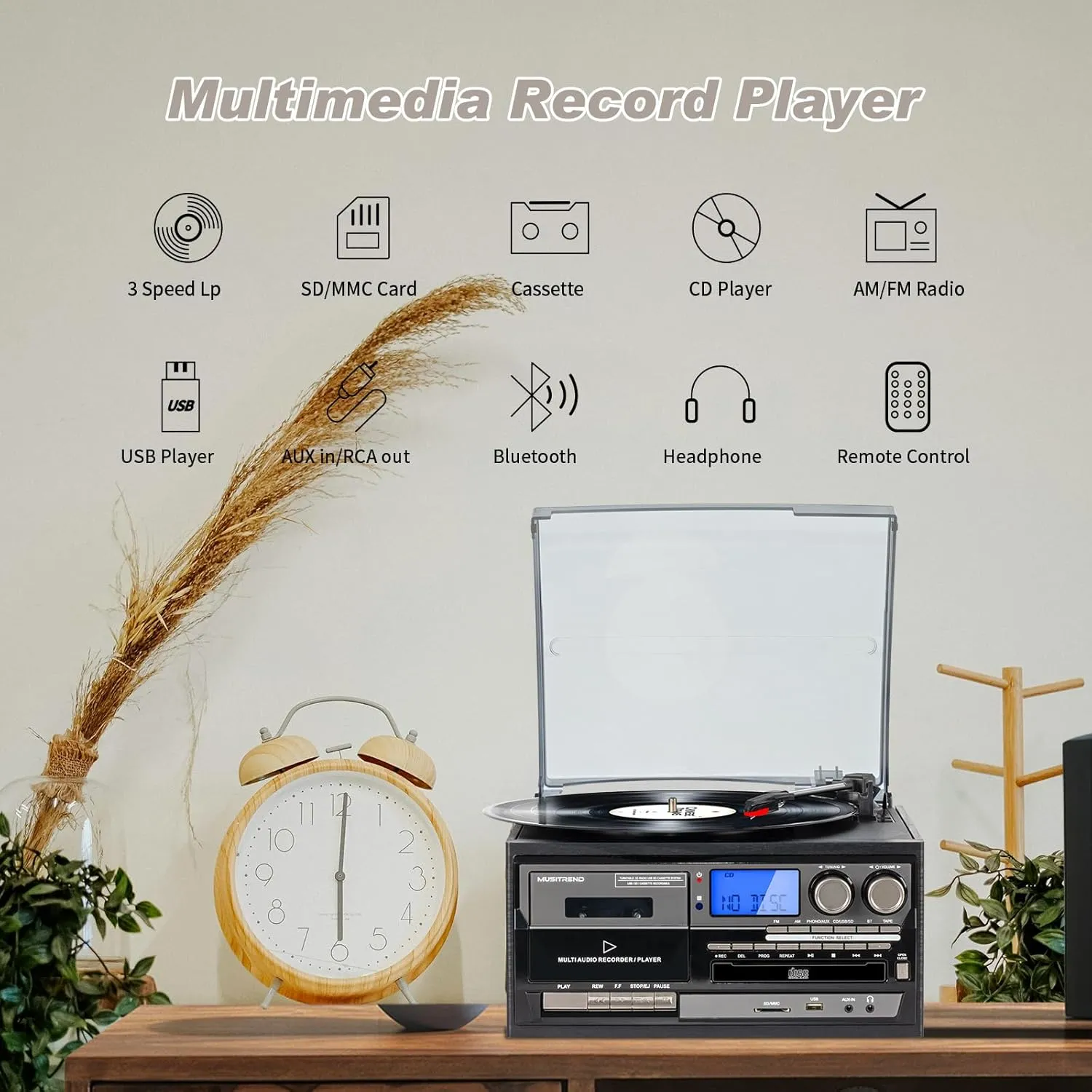9 in 1Retro 3-Speed Turntable with Bluetooth, AM/FM Radio, CD/Cassette Playback, USB/SD/MMC Playback, Remote Control, and Built-in Speakers Support Aux in/RCA Out