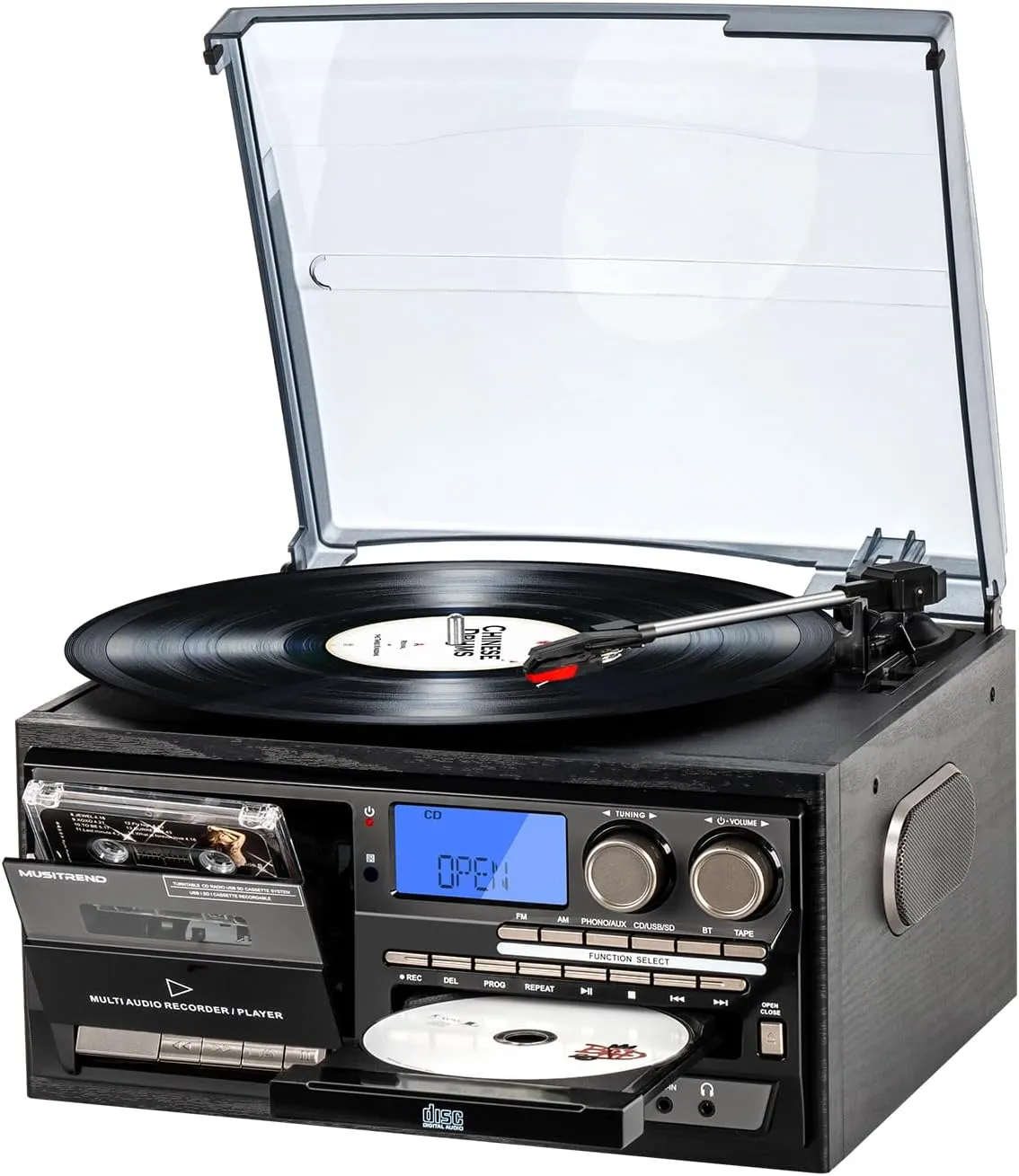 9 in 1Retro 3-Speed Turntable with Bluetooth, AM/FM Radio, CD/Cassette Playback, USB/SD/MMC Playback, Remote Control, and Built-in Speakers Support Aux in/RCA Out