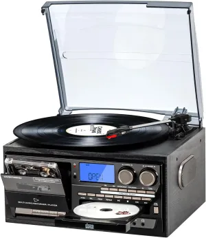 9 in 1Retro 3-Speed Turntable with Bluetooth, AM/FM Radio, CD/Cassette Playback, USB/SD/MMC Playback, Remote Control, and Built-in Speakers Support Aux in/RCA Out