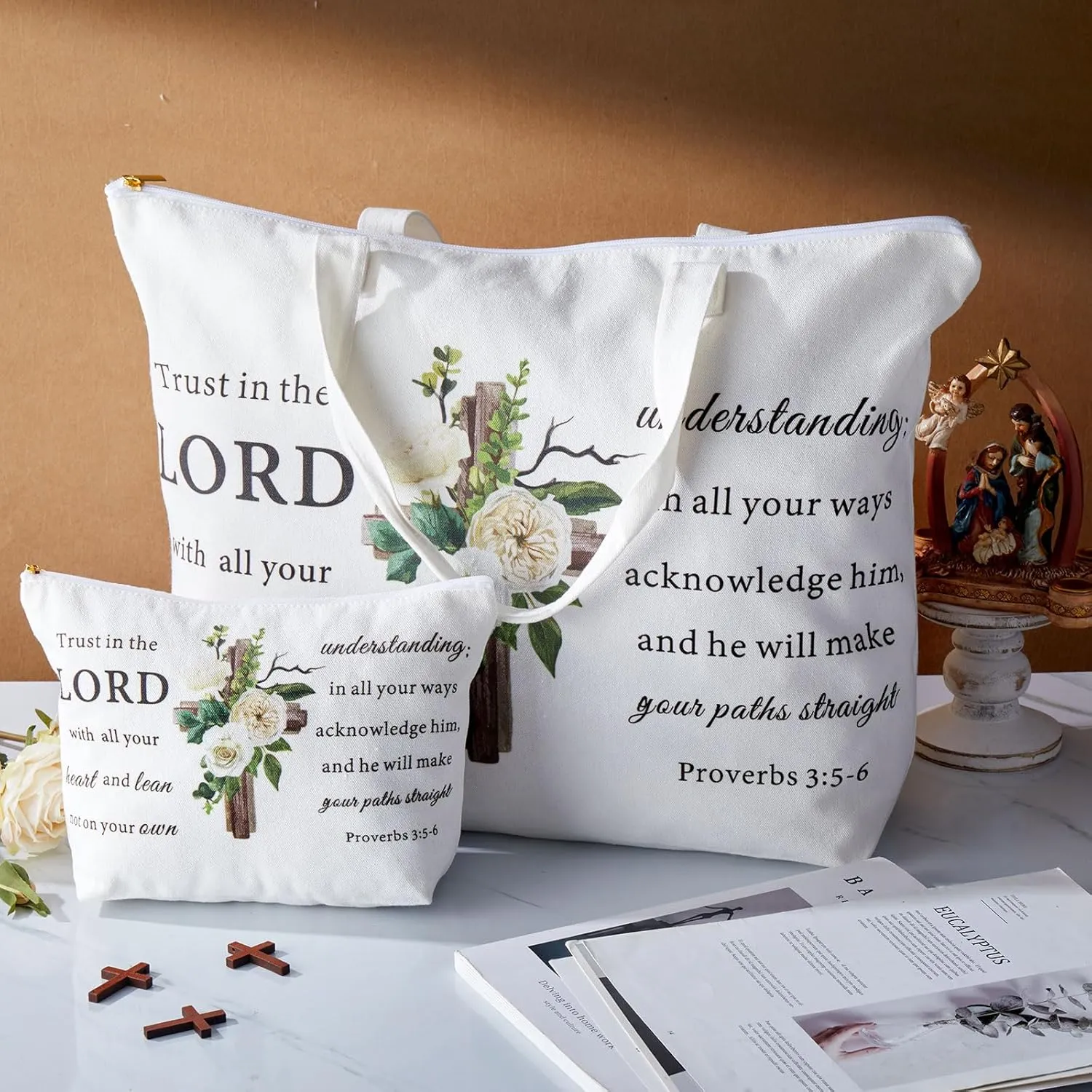 Abbylike 2 Pcs Mother's Day Christian Canvas Tote Bag with Makeup Bible Verse Religious Tote Bag for Graduation Gift