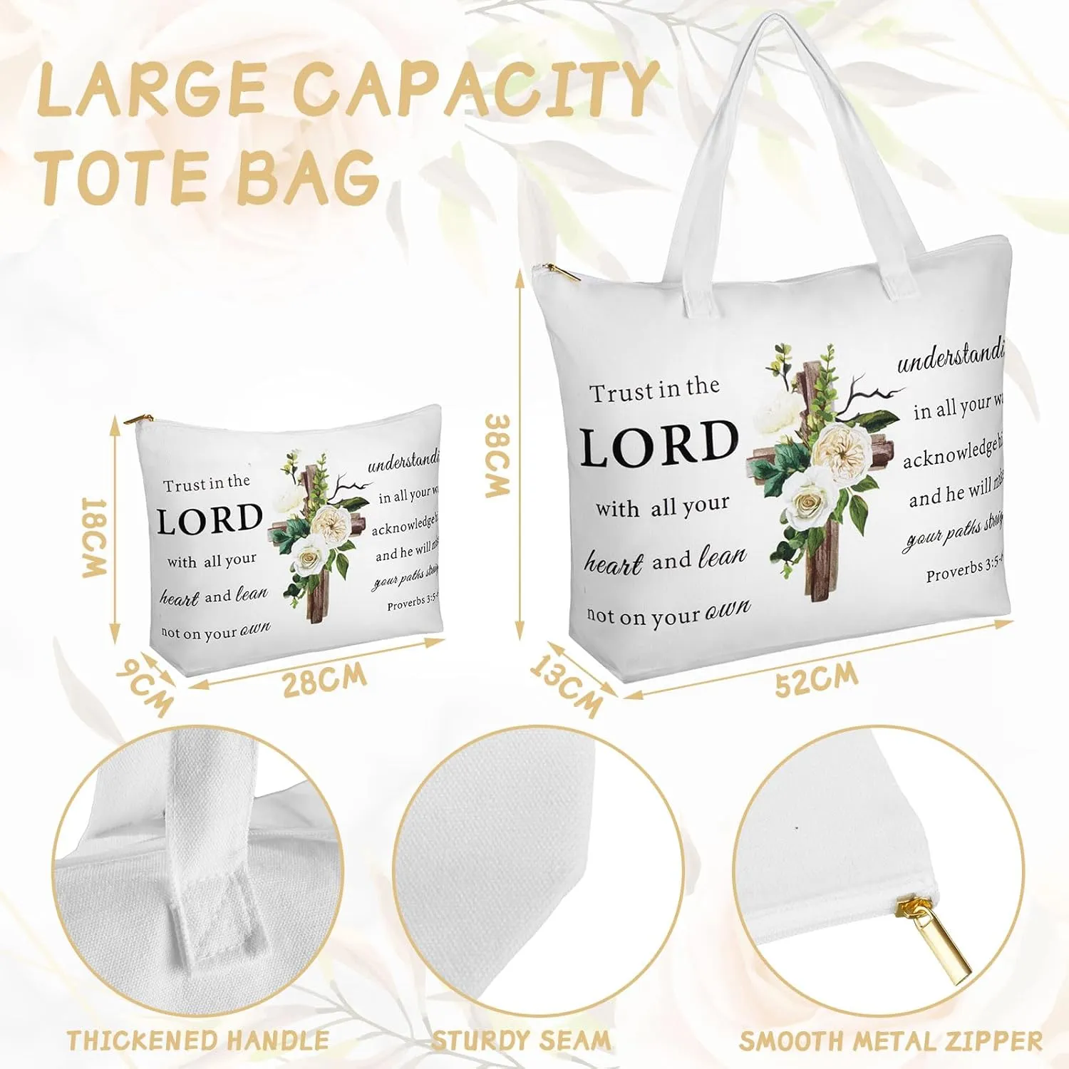 Abbylike 2 Pcs Mother's Day Christian Canvas Tote Bag with Makeup Bible Verse Religious Tote Bag for Graduation Gift