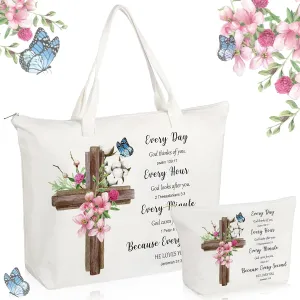 Abbylike 2 Pcs Mother's Day Christian Canvas Tote Bag with Makeup Bible Verse Religious Tote Bag for Graduation Gift