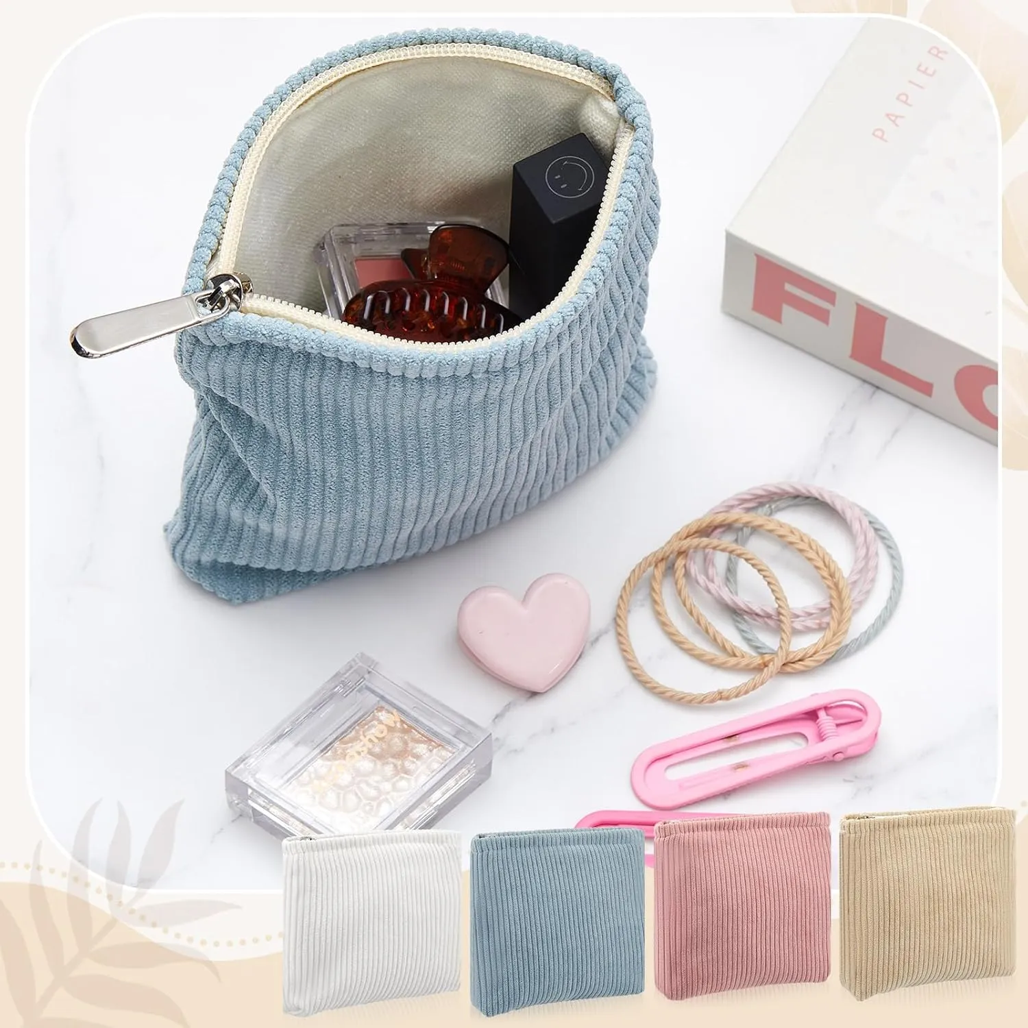 Abbylike 4 Pcs Floral Makeup Bag Corduroy Cosmetic Bag with Zipper Portable Small Pouches for Purse Toiletry Mini Pouch Cute Mini Makeup Purse for Coin Essentials Items Women(Plain)