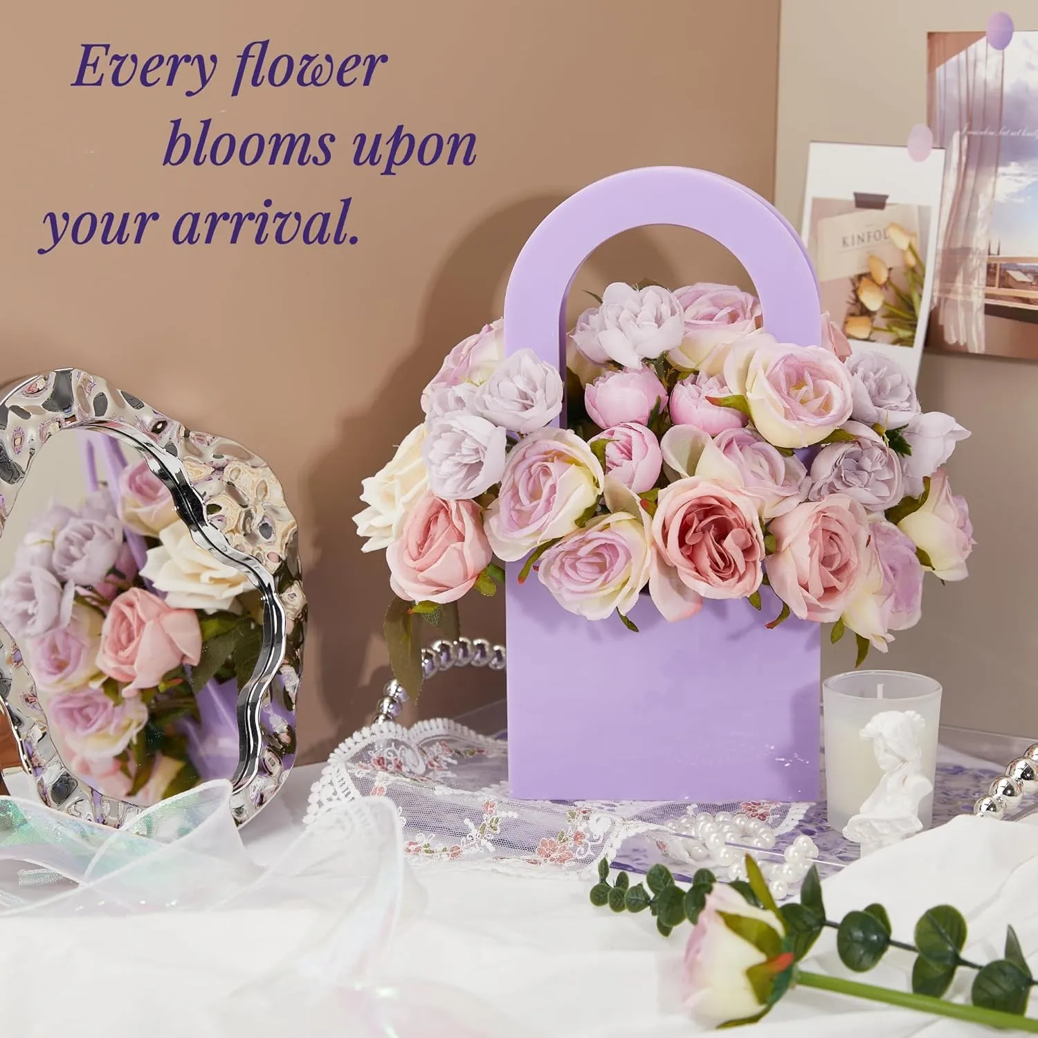 Acrylic Purse Vase for Flowers, 11x5.5 Inches Aesthetic Handbag With Handle - Modern Decorative Home Decor, Centerpiece for Events, Office, Garden, Wedding (Purple)
