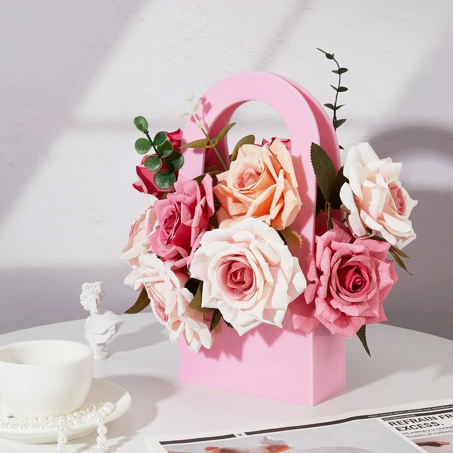 Acrylic Purse Vase for Flowers, Aesthetic Vase with Handle, 11x5.5 Inches Handbag Flower Vase - Modern Decorative Vase for Home Décor, Enterpiece, Events, Office, Garden, Wedding (Pink)