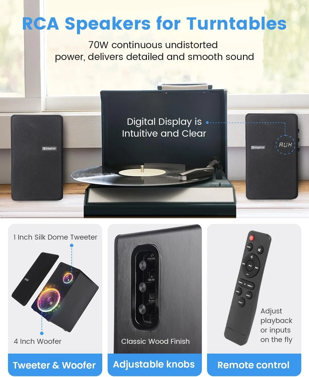 Active Bookshelf Speakers, 70W RMS Powered Turntable Speakers Pair Wired Optical/ARC/RCA/AUX/BT Input HiFi Home Stereo Speakers with 4" Woofer for Vinyl Record Player TV Desktop PC Monitor