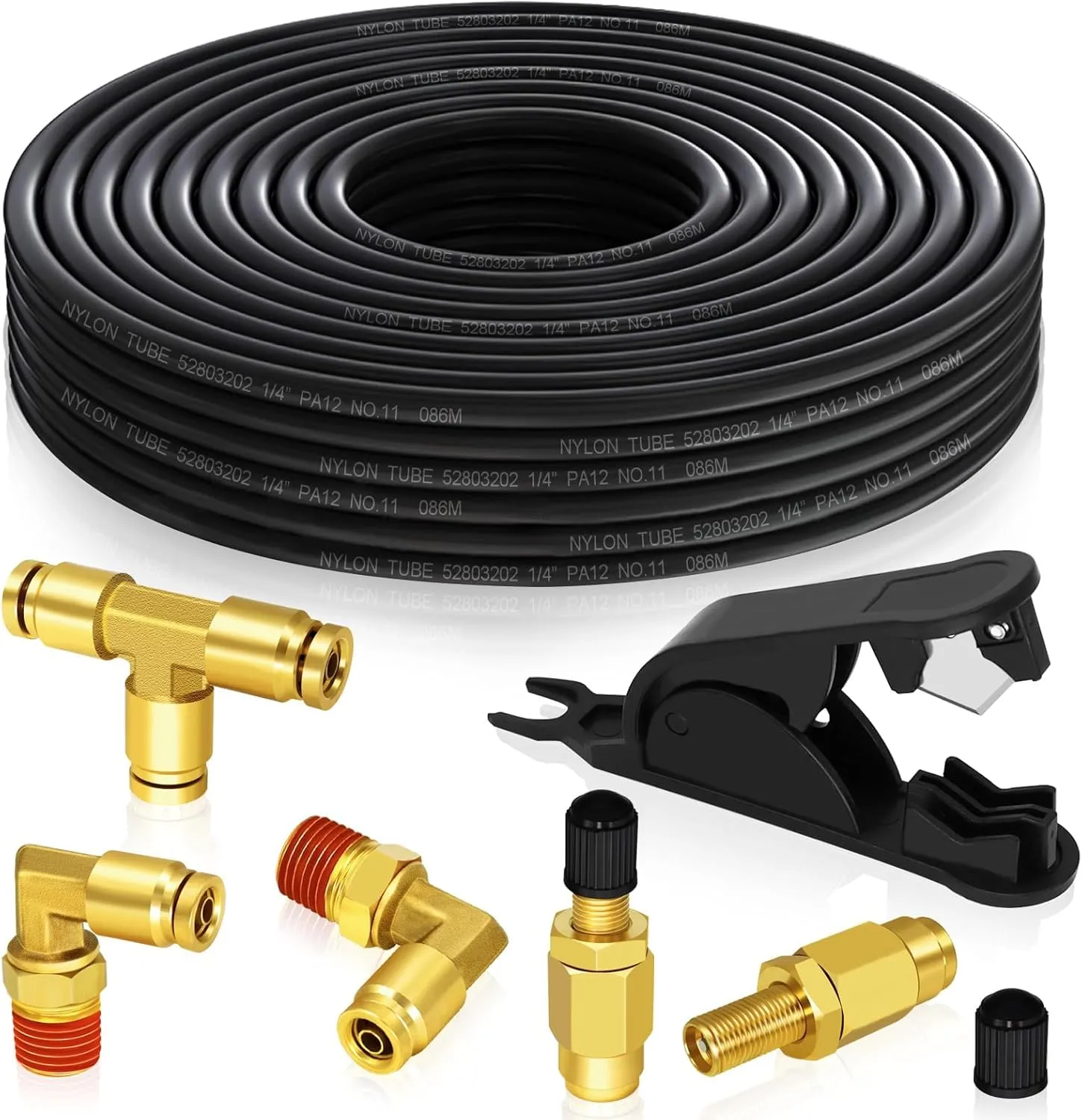 Air Line Service Replacement Kit for Air Bags Suspension,1/4" Air Line 32.8 FT PA Hose Tubing,1/4" Union Tee Elbow DOT Air Push To Connect Fittings, Schrader Valve (1/4”)