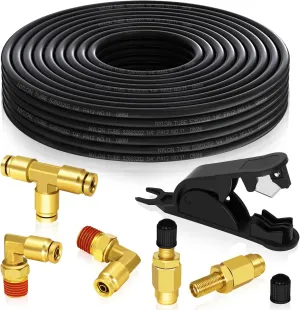 Air Line Service Replacement Kit for Air Bags Suspension,1/4" Air Line 32.8 FT PA Hose Tubing,1/4" Union Tee Elbow DOT Air Push To Connect Fittings, Schrader Valve (1/4”)