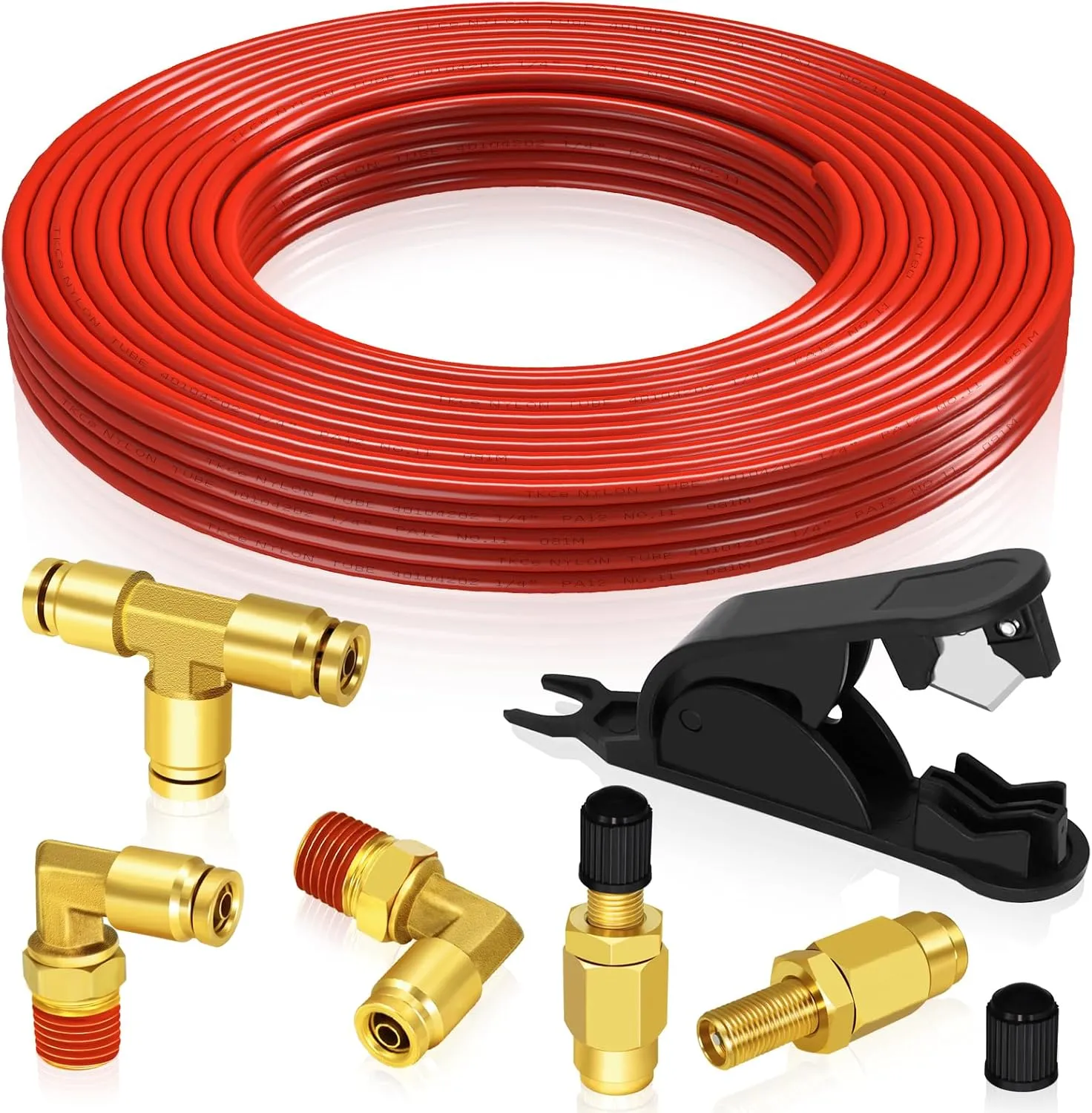 Air Line Service Replacement Kit for Air Bags Suspension,1/4" Air Line 32.8 FT PA Hose Tubing,1/4" Union Tee Elbow DOT Air Push To Connect Fittings, Schrader Valve