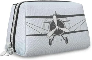 Airplane,Leather Large Makeup Bag Zipper Pouch,Old Airplane Cockpit Antique Engine,Travel Cosmetic Organizer for Women and Girls,Blue,M