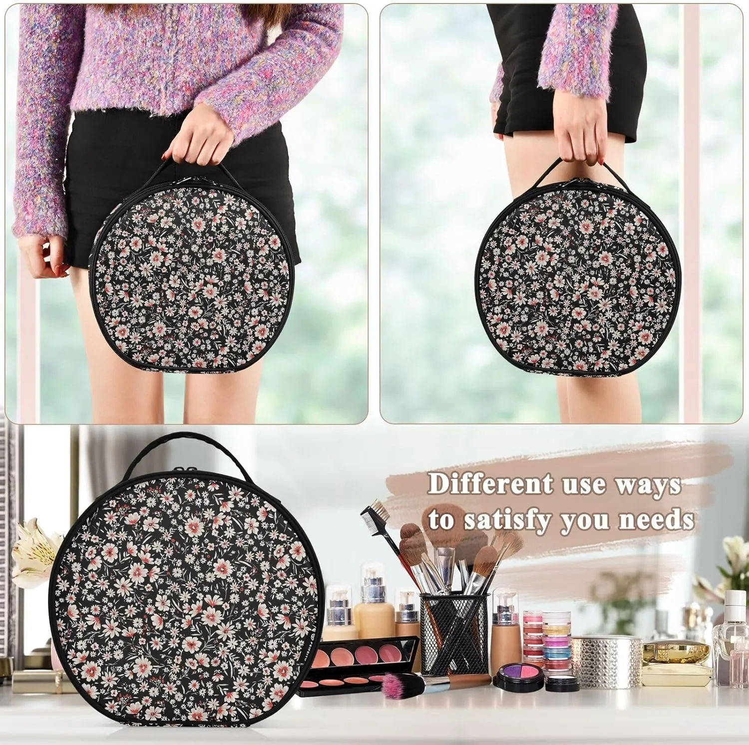ALAZA Floral Pretty Flowers Makeup Bag Travel Cosmetic Bag Large Toiletry Organizer