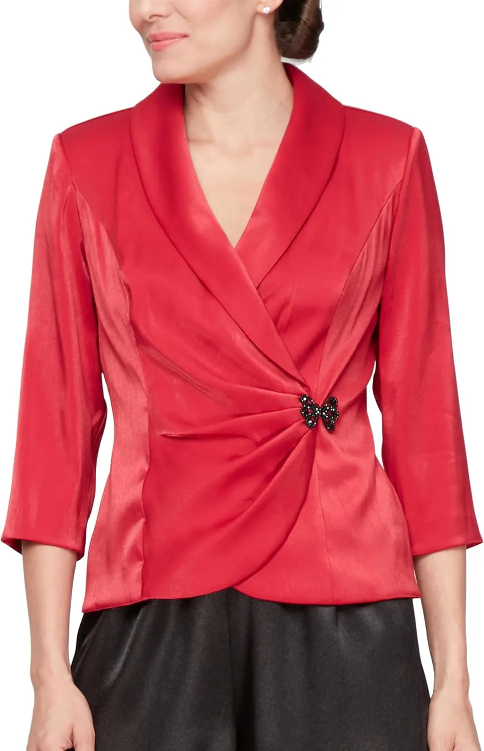 Alex Evenings Women's 3/4 Sleeve Surplice Neckline Stretch Shimmer Blouse with Embellished Side Closure