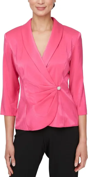 Alex Evenings Women's 3/4 Sleeve Surplice Neckline Stretch Shimmer Blouse with Embellished Side Closure