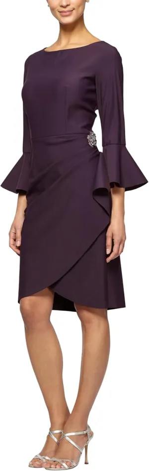 Alex Evenings Women's Slimming Short Cocktail Dress with Bell Sleeves, Wedding Guest (Petite and Regular Sizes)