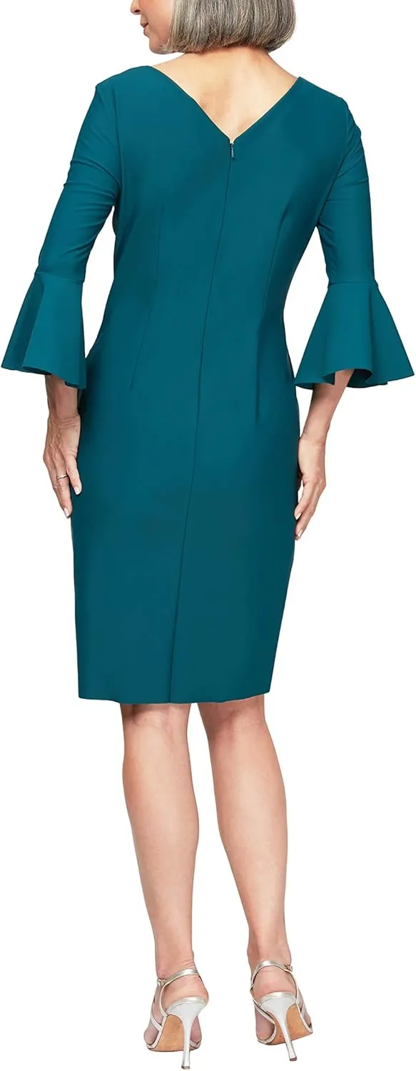 Alex Evenings Women's Slimming Short Cocktail Dress with Bell Sleeves, Wedding Guest (Petite and Regular Sizes)