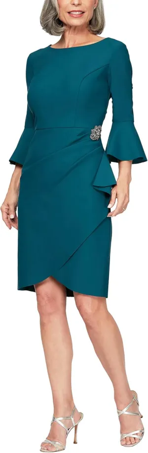 Alex Evenings Women's Slimming Short Cocktail Dress with Bell Sleeves, Wedding Guest (Petite and Regular Sizes)