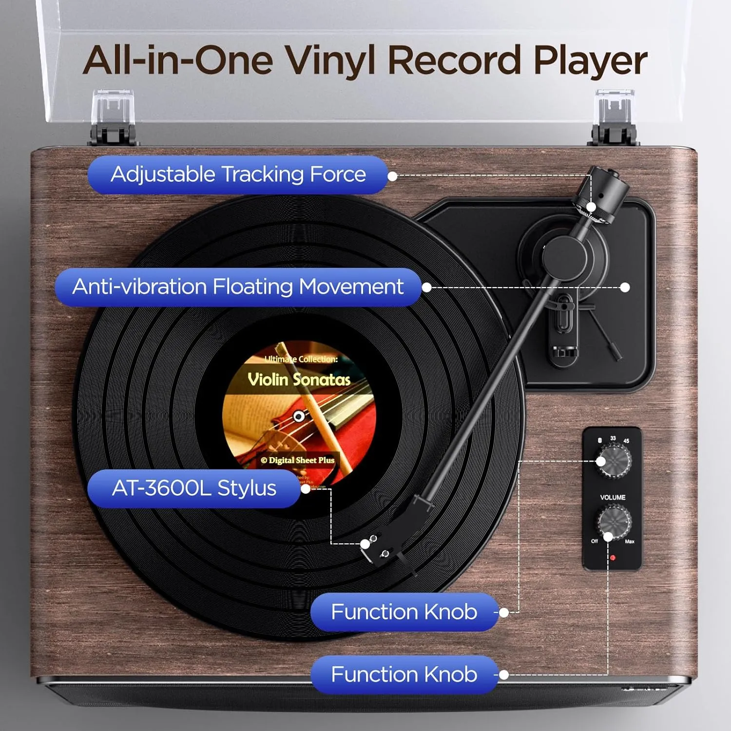 All in One Vinyl Record Player,Bluetooth Turntable Built in 4 Stereo Speakers Phono Preamp,High Fidelity Turntables for Vinyl Records with Magnetic Cartridge AT-3600L MM,Belt Drive 2-Speed,Auto Off